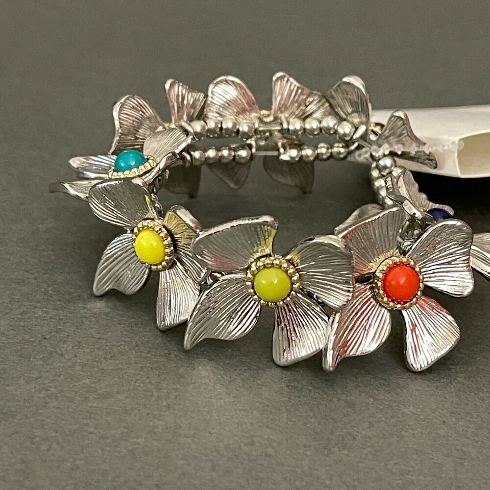 Silver-tone Multicolor Flowers‎ Floral Women's Fashion Stretch Bracelet NWT